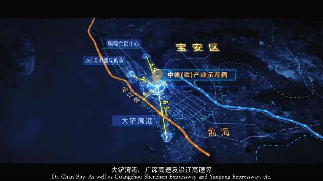 大铲湾港，广深高速以及沿江高速；直线通过产业示范园区；